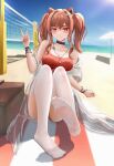  1girl absurdres angelina_(arknights) angelina_(summer_flowers)_(arknights) animal_ears arknights bangs beach beach_towel beach_umbrella blue_sky blurry blurry_background bm_(bm364364) bracelet breasts brown_hair choker cleavage collarbone commentary_request day feet foreshortening fox_ears fox_girl hair_between_eyes hair_ornament hair_ribbon hand_up highres jewelry knees_up large_breasts leaning_back legs long_hair necklace no_shoes ocean official_alternate_costume one-piece_swimsuit outdoors red_one-piece_swimsuit red_ribbon ribbon see-through shadow sitting sky soles solo swimsuit thighhighs toes towel twintails twitter_username umbrella volleyball_net w white_thighhighs 