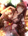  1girl :d alternate_hairstyle aqua_eyes bangs black_hair black_kimono blunt_bangs blurry blurry_background blurry_foreground blush bokeh branch breasts brown_hair cherry_blossom_print cherry_blossoms cleavage collarbone commentary depth_of_field english_commentary festival fireworks floral_print green_eyes hair_ornament hairclip hairpin highres japanese_clothes kimono kurosawa_dia lantern long_hair looking_at_viewer love_live! love_live!_school_idol_festival love_live!_sunshine!! medium_breasts mixed-language_commentary mole mole_under_mouth obi open_mouth outdoors parted_lips playing_with_own_hair print_kimono rikofinn sash sidelocks signature smile solo tree tsurime wide_sleeves yukata 