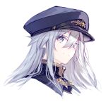  1girl 86_-eightysix- blue_eyes blue_hair blue_headwear blue_jacket closed_mouth hat jacket looking_at_viewer peaked_cap portrait shirabi simple_background smile solo vladilena_millize white_background white_eyes white_hair 