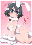  1girl 2023 :&lt; animal_ears animal_hands arm_support bangs bare_legs bare_shoulders black_hair blue_eyes blush bow breasts chinese_zodiac cleavage commentary_request dot_nose embarrassed fake_animal_ears fake_tail fur-trimmed_footwear fur-trimmed_gloves fur_scarf fur_trim gloves hair_between_eyes hair_ornament highleg highleg_leotard highres kaban_(kemono_friends) kemono_friends leotard looking_at_viewer on_floor paw_gloves pink_background playboy_bunny pom_pom_(clothes) pom_pom_hair_ornament rabbit_ears rabbit_tail ransusan red_bow scarf short_hair small_breasts solo tail thick_thighs thighs wavy_hair white_footwear white_gloves white_leotard white_scarf year_of_the_rabbit 