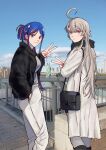  2girls ahoge alternate_costume alternate_hairstyle black_jacket blue_hair blue_sky cloud coat day feet_out_of_frame folded_ponytail from_behind grey_eyes grey_hair grey_sweater hand_in_pocket highres jacket kantai_collection long_hair looking_at_viewer multicolored_hair multiple_girls nidou outdoors pants pantyhose railing red_hair sky south_dakota_(kancolle) star_(symbol) sweater v washington_(kancolle) white_coat white_hair white_pants white_pantyhose 