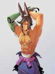  1boy abs animal_ears armpits arms_up brown_hair collaboration commentary english_commentary grey_background highres jewelry lbrightbladel male_focus mechanical_arms midriff_sarashi muscular muscular_male necklace original pikat ponytail rabbit_boy rabbit_ears sarashi single_mechanical_arm solo topless_male tying_hair web_address 