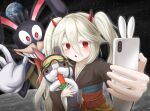  1boy 1girl 2023 carrot cellphone chinese_zodiac commentary_request dark_rabbit demon_girl duel_monster earth_(planet) ghost_ogre_&amp;_snow_rabbit givelee hardhat helmet highres japanese_clothes kimono korean_commentary moon on_moon phone planet rabbit red_eyes rescue_rabbit selfie smartphone space tongue tongue_out trait_connection year_of_the_rabbit yu-gi-oh! 