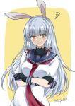  1girl animal_ears artist_name black_gloves blunt_tresses blush border closed_mouth crossed_arms dated fake_animal_ears gakky gloves grey_hair kantai_collection long_hair looking_at_viewer murakumo_(kancolle) necktie one-hour_drawing_challenge rabbit_ears red_necktie school_uniform serafuku short_sleeves solo squiggle very_long_hair white_border yellow_background yellow_eyes 