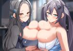  1boy 2girls absurdres azur_lane blue_eyes braid breast_press breasts breasts_squeezed_together censored cleavage commission cooperative_paizuri double_paizuri ffm_threesome grey_hair group_sex hair_between_eyes hair_ornament highres huge_breasts intrepid_(azur_lane) long_hair mero_en_e mosaic_censoring motion_blur multiple_girls orange_eyes paizuri paizuri_under_clothes penis pixiv_commission pov pov_crotch purple_hair semi-rimless_eyewear shangri-la_(azur_lane) snowflake_hair_ornament symmetrical_docking teamwork threesome twintails upper_body 