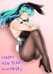  1girl 2023 absurdres animal_ears aqua_hair arms_on_knees black_bow black_footwear black_leotard black_pantyhose bow bowtie chinese_zodiac detached_collar full_body gradient gradient_background happy_new_year high_heels highres horns knees_to_chest knees_up leotard long_hair looking_at_viewer lum nanao_futaba oni_horns orange_eyes pantyhose pink_background playboy_bunny pointy_ears rabbit_ears rabbit_tail sitting solo tail urusei_yatsura wrist_cuffs year_of_the_rabbit 