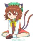  1girl animal_ear_fluff animal_ears bow bowtie brown_eyes brown_footwear brown_hair cat_ears cat_tail chen commission earrings green_headwear green_tea_reimu hat highres jewelry long_sleeves medium_hair mob_cap multiple_tails red_footwear red_skirt red_vest shirt shoes short_hair simple_background single_earring sitting skeb_commission skirt skirt_set solo tail tongue tongue_out touhou two_tails vest white_background white_shirt yellow_bow yellow_bowtie 