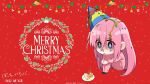  1girl blue_eyes bocchi_the_rock! cake christmas commentary_request confetti copyright_name food full_body gotou_hitori hair_over_eyes hat highres hugging_own_legs long_hair merry_christmas official_art party_hat pink_hair pink_track_suit red_background shaded_face sitting solo strawberry_cake track_suit yamamoto_yuusuke_(animator) 