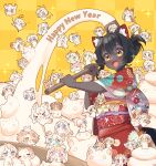  absurdres ahoge alternate_hairstyle animal_ear_fluff animal_ears black_hair blush brown_eyes cat_ears cat_tail dark-skinned_female dark_skin folded_ponytail food hair_up happy happy_new_year highres indie_virtual_youtuber japanese_clothes kimono kine mallet mochi mochitsuki new_year obi open_mouth sakura_chiyo_(konachi000) sakuraba_chiyo sash smile tail very_dark_skin virtual_youtuber 