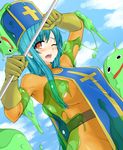  ;o aqua_hair arm_up armpits belt black_eyes blush bodysuit breasts bubble_slime clenched_hand cloud covered_nipples cowboy_shot cross curvy day dragon_quest dragon_quest_iii dutch_angle gloves green_skin hat holding large_breasts long_hair looking_at_viewer messy mitre monster object_on_head one_eye_closed open_mouth outdoors priest_(dq3) puffy_nipples red_eyes sidelocks sky slime smile staff tabard tears torathi transparent turtleneck very_long_hair weapon wince 