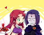  2girls bindi cartoon_network dc_comics female food green_eyes grey_skin harinezumi103 long_hair multiple_girls open_mouth purple_hair raven_(dc) red_hair short_hair starfire sweatdrop tank_top tanktop teen_titans trembling wink yakitori_(pixiv128196) 