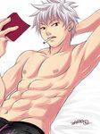  abs armpits book cigarette earring earrings hirohide jewelry male male_focus muscle red_eyes shorts underwear usukawa_(artist) white_hair 