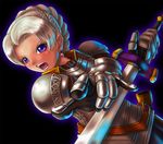  armor boken_fantasy chris_lightfellow earrings female gensou_suikoden gensou_suikoden_iii gradient gradient_background jewelry open_mouth purple_eyes short_hair silver_hair solo suikoden suikoden_iii sword weapon 