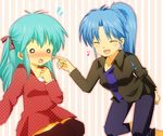  2girls blue_hair blush botan_(yu_yu_hakusho) botan_(yuu_yuu_hakusho) dress eyes_closed female green_hair hiyuki_(pixiv100736) jacket long_hair multiple_girls pants ponytail shirt sitting snow_woman thighhighs yu_yu_hakusho yuki_onna yukina_(yu_yu_hakusho) yuu_yuu_hakusho 