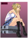  bare_shoulders belt blonde_hair boots bored case fairy_tail lucy_heartfilia miniskirt skirt vector vector_trace 