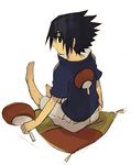  1boy artist_request black_eyes black_hair crest family_crest fan lowres naruto sitting solo uchiha_sasuke 