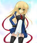  arc_system_works blazblue blonde_hair detached_sleeves female gloves gradient gradient_background green_eyes hands_on_hips long_hair lowres necktie noel_vermillion panties red_ribbon ribbon solo thighhighs toubi underwear uniform white_background 