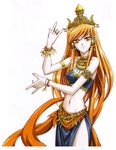  absurdres armlet beatmania beatmania_iidx bemani breasts cleavage crown duplicate goli_matsumoto highres india jewelry long_hair medium_breasts navel orange_eyes orange_hair ring solo thighs umegiri_iroha 