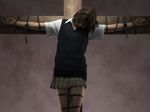  1girl belt belts cross crucifixion female miniskirt pleated_skirt realistic school_uniform schoolgirl skirt solo sweater_vest yoshitaka_kawakami 
