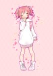  bag closed_eyes commentary_request hand_on_own_face kaname_madoka mahou_shoujo_madoka_magica oonishi_nakanishi_konishi pink_background pink_hair rhombus_background school_bag shoes short_hair smile star twintails 