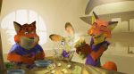  2019 anthro apron bag blue_eyes blueberry_(fruit) bowl canid canine cheek_tuft clothed clothing cooking dipstick_ears disney egg eyes_closed female flour food fox fruit gideon_grey gloves_(marking) group holding_object inside jar judy_hopps lagomorph male mammal markings nick_wilde open_mouth open_smile purple_eyes rabbit red_fox smile table thewyvernsweaver tuft window zootopia 