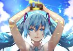  10 1girl 55level anniversary armpits arms_up bare_arms bare_shoulders blue_eyes blue_hair blue_neckwear blue_sky cloud cloudy_sky crown day floating_hair hair_between_eyes happy hatsune_miku holding long_hair looking_at_viewer necktie number outdoors parted_lips shirt sky sleeveless sleeveless_shirt smile solo sparkle teeth twintails vocaloid white_shirt 