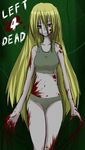  1girl blonde_hair blood claws collarbone copyright_name crop_top hair_between_eyes left_4_dead long_hair looking_at_viewer midriff navel red_eyes solo tank_top torn_clothes witch_(left4dead) 