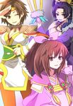  3girls aya_(pixiv263198) beauty_mark black_eyes breasts brown_eyes brown_hair claws cleavage earrings female hair_ornament headband headdress japanese_clothes jewelry long_hair mole multiple_girls nene ninja nouhime oichi purple_hair purple_lips salute sengoku_musou sengoku_musou_2 sengoku_musou_3 wink 