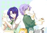  1boy 1girl apron blue_hair cake cecile_croomy code_geass cooking couple female food glasses green_eyes hayas_(duster) hayate_s lloyd_asplund long_hair male necktie purple_eyes purple_hair short_hair spoon 