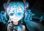  1girl absurdres aqua_eyes aqua_hair aqua_nails bangs english_text engrish_text followers hair_between_eyes hatsune_miku headphones hexagon highres honeycomb_(pattern) kinosuke_(pattaba) long_hair looking_at_viewer nail_polish parted_lips portrait ranguage smile solo twintails vocaloid 