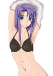  armpits arms_up black_bra blue_eyes bra cecile_croomy code_geass female gyo_(independant) lingerie long_hair midriff purple_hair simple_background solo underwear white_background 