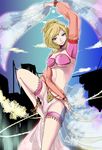  alternate_costume blonde_hair blue_eyes breasts cloud cloudy_sky code_geass covered_nipples dancer dancing hair_up medium_breasts milly_ashford redblood see-through sky smile solo 