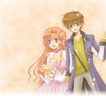  1boy 1girl brown_hair choker code_geass couple double_bun double_buns dress earrings euphemia_li_britannia female green_eyes hair_bun jewelry kururugi_suzaku long_hair male open_mouth pants pink_hair purple_eyes radical-d shirt short_hair trench_coat trenchcoat 