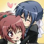  ;o aoi_nagisa blue_hair blush closed_eyes hair_bobbles hair_ornament hair_ribbon heart hug kurou_(niconicorin) multiple_girls one_eye_closed red_hair ribbon school_uniform strawberry_panic! suzumi_tamao watermark web_address wince 