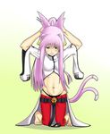  adjusting_hair animal_ears araku arc_system_works arms_up bangs barefoot bell belt black_panties blazblue cat_ears cat_eyes cat_tail feet female full_body glasses gradient gradient_background highres kneeling kokonoe labcoat long_hair midriff multiple_tails orange_eyes panties pink_hair ponytail ribbon slit_pupils solo tail underwear yellow_ribbon 