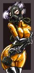  bodysuit breasts corset elbow_gloves female gas_mask gloves highres latex latex_gloves latex_suit long_image purple_hair rabidgundam shiny shiny_clothes skin_tight solo tall_image thighhighs 