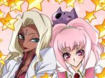  2girls anya_alstreim blonde_hair blush bonne_chance cat code_geass dark-skinned_female dark_skin dark_skinned_female female green_eyes hairband labcoat lakshata_chawla lipstick long_hair lowres makeup multiple_girls pink_eyes pink_hair rakshata_chawla short_hair 