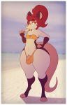  2018 anthro balls beach big_butt big_penis bikini breasts bulge butt clothed clothing crotch_tuft dickgirl didelphid digital_media_(artwork) eyeshadow flat_chested food fur gloves_(marking) hair hi_res holding_object intersex lipstick looking_at_viewer makeup mammal markings marsupial multicolored_fur navel outside penis pink_nose popsicle public red_hair seaside small_breasts socks_(marking) solo standing stunnerpony swimsuit tania_(stunnerpone) thick_thighs toes tuft water wide_hips 