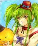  bangs bow bow_tie bowtie c.c. cc cheese-kun choker code_geass female hat kotsuki_mayu long_hair lowres orange_hair solo twintails yellow_eyes 