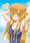  arms_up breasts code_geass female green_eyes long_hair mouth_hold one-piece_swimsuit one_piece_swimsuit orange_hair outdoors radical-d shirley_fenette sky solo swimsuit 