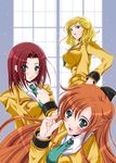  3girls big_breasts black_eyes blonde_hair blush breasts code_geass female green_eyes kallen_stadtfeld large_breasts long_hair mapisha milly_ashford multiple_girls mura_(mapisha) necktie open_mouth orange_hair red_hair school_uniform shirley_fenette uniform window 