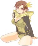  5-502 bodysuit breasts brown_eyes brown_hair female hair_ornament nene ninja scarf sengoku_musou sengoku_musou_2 sengoku_musou_3 short_hair simple_background sitting solo white_background 