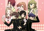  3boys 4girls black_eyes black_hair blonde_hair blue_eyes blue_hair blush brown_hair code_geass eyes_closed female green_eyes highres kallen_stadtfeld kururugi_suzaku lelouch_lamperouge letter long_hair male milly_ashford multiple_boys multiple_girls niboshi nunnally_lamperouge open_mouth orange_hair purple_eyes red_hair rivalz_cardemonde sasaki_yuki school_uniform shirley_fenette short_hair sitting uniform wink 