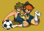  2boys bad_id ball barefoot bound bound_hands bound_wrists child endou_mamoru feet footwear headband inazuma_eleven inazuma_eleven_(series) male male_focus miman_(ramblecat) multiple_boys shota soccer_ball socks tachimukai_yuuki 