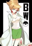  1girl araragi_(pokemon) breasts cleavage earrings green_eyes hand_on_hip hips jewelry labcoat large_breasts light_brown_hair looking_at_viewer miniskirt nakamura_sandayo nintendo no_bra poke_ball pokeball pokemon pokemon_(game) pokemon_black_and_white pokemon_bw simple_background skirt smile 