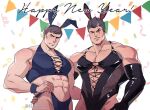  2boys 42nkooon abs animal_ears bara black_gloves black_hair blue_male_underwear closed_mouth darius_(league_of_legends) elbow_gloves garen_(league_of_legends) gloves happy_new_year large_pectorals league_of_legends male_focus male_playboy_bunny male_underwear male_underwear_pull multicolored_hair multiple_boys muscular muscular_male navel pectorals rabbit_ears scar scar_across_eye scar_on_face short_hair smile thong twitter_username two-tone_hair underwear white_hair wristband 