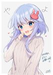  1girl 2023 artist_name blue_eyes blush border commentary_request hair_ornament kantai_collection long_sleeves open_mouth partial_commentary purple_hair rabbit_hair_ornament ribbed_sweater short_hair_with_long_locks sidelocks signature smile solo sou_(soutennkouchi) sweater upper_body white_border white_sweater yayoi_(kancolle) 