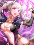  1girl aura breasts bridal_gauntlets cape cleavage cleavage_cutout cloak clothing_cutout collarbone dark_aura dragon_girl falchion_(fire_emblem) fangs fire_emblem fire_emblem_awakening fire_emblem_cipher fire_emblem_heroes grima_(fire_emblem) highres hip_vent large_breasts liszodow long_hair looking_at_viewer magic mature_female navel navel_cutout official_alternate_costume open_mouth plunging_neckline red_eyes robin_(fire_emblem) robin_(fire_emblem)_(female) smile solo twintails upper_body white_hair 