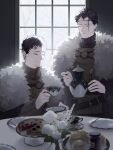  2boys absurdres black_clover black_hair brothers brown_robe closed_eyes cup facial_mark flower food forehead_mark frit_2 fur_coat highres holding holding_cup holding_plate holding_teapot jam light_smile lucius_zogratis male_focus multiple_boys pie plate robe rose scone short_hair siblings table tea teapot white_flower white_fur white_rose zenon_zogratis 