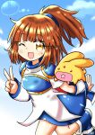  1girl animal_ears arle_nadja blue_footwear blue_skirt blue_sky blush brown_hair carbuncle_(puyopuyo) highres looking_at_viewer madou_monogatari muneate one_eye_closed open_mouth ponytail puyo_(puyopuyo) puyopuyo skirt sky yasumatayuji yellow_eyes 